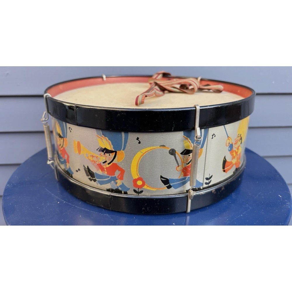 Vintage steel litho Ohio Art toy drum Fern Peet illustration marching band 1930s